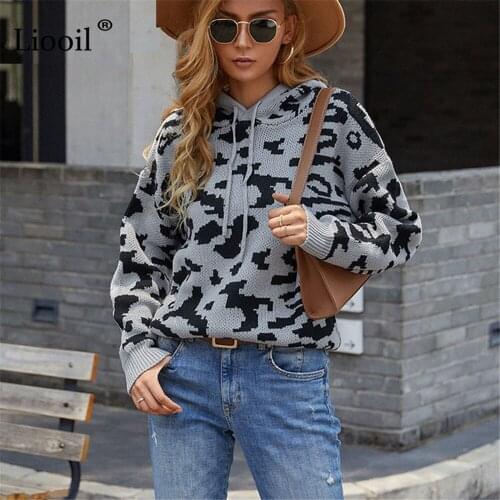 Leopard Print Sweater Hoodies Drawstring Sweatshirts Baggy Long Sleeve Winter Thick Knitted Pullovers For Streetwear Women 2021