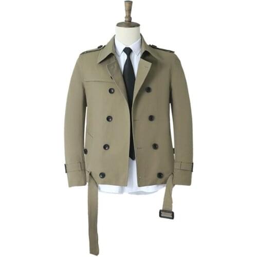 Mens trench coats man double breasted short coat men clothes slim fit overcoat fashion long sleeve spring autumn black khaki