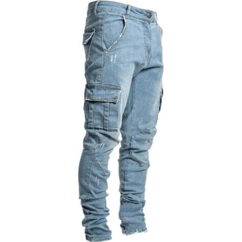 Comfortable Cool Multi Pockets Solid Color Men Jeans Comfy Cargo Jeans Stretchy Trousers