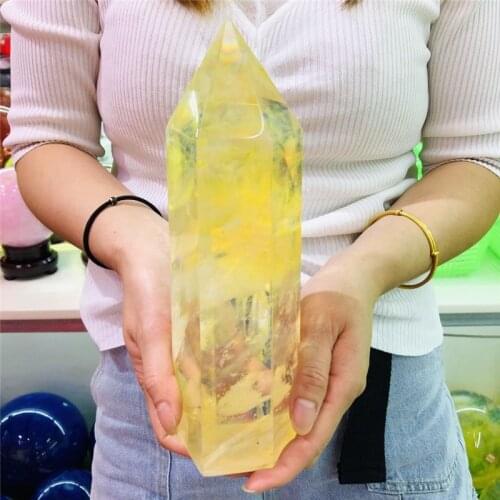 Yellow fused quartz crystal point healing obelisk hexagonal wand Reiki gift for friends and family to promote natural health
