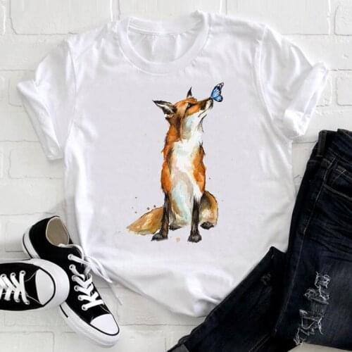 Women Short Sleeve Korean Style Fox Printing Clothing Trend Animal Clothes Ladies Graphic Print Tee Top Tshirt Female T-shirt