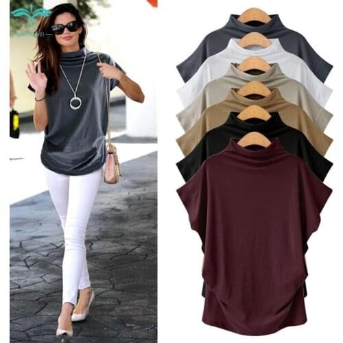 OUMOWEI Womens Short-Sleeved T-Shirt Half-High Collar Bottoming Shirt Loose Shirt Large Size Shirt Bat Sleeve M to 6XL Size