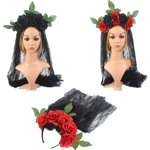 Women Floral Headdress Rose Flower Mesh Lace Headbands for Halloween Party Carnival Vintage Costume Party Props