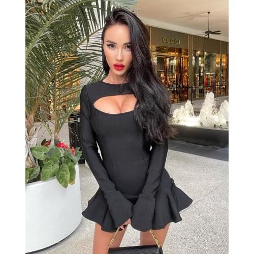 High Quality Autumn New White Sexy Butterfly Sleeve Hollow Out Mini Bandage Dress Vintage Women Sexy Cocktail Night Club Party D