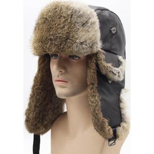 IANLAN Winter Real Fur Skiing Hats Unisex Rabbit Fur Bomber Hats for Men Women Real Sheep Leather Top Russian Ushanka IL00425