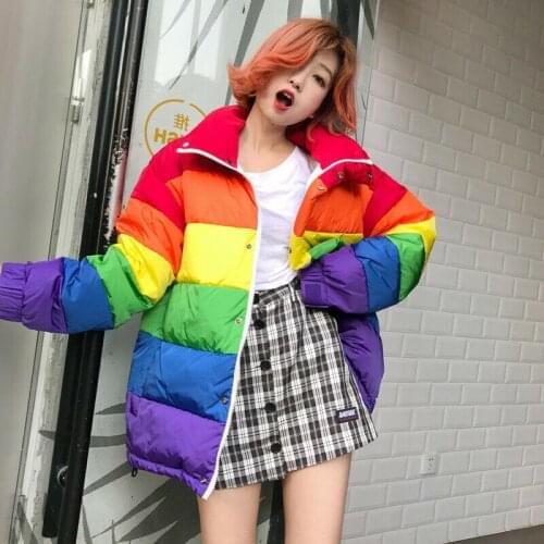 Winter Casual Jacket Women Rainbow Wadded Parka Plus Size Loose Comfortable Chic Long Sleeve Fashion Versatile 2020 Hot