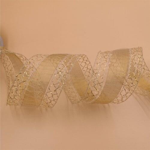 38MM 25yards Wired Edge Golden Net Ribbons With Mesh Edge for Festival Christmas Decoration New Year Gift Wrapping