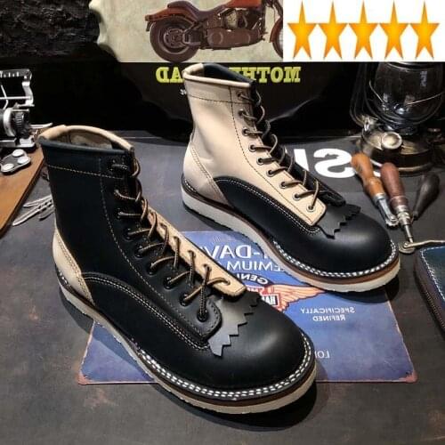 Vintage Autumn Genuine Leather Handmade Casual High Top Work Shoes Round Toe Lace Up Splice Winter Motorcycle Mens Ankle Boots