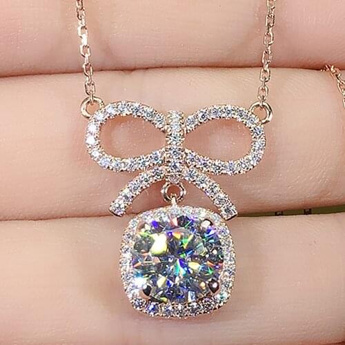 14K Rose Gold Women Pendants Necklaces Moissanite Diamond 0.5 1 2 3 4 5 Ct Square Bowknot Wedding Anniversary Engagement Party