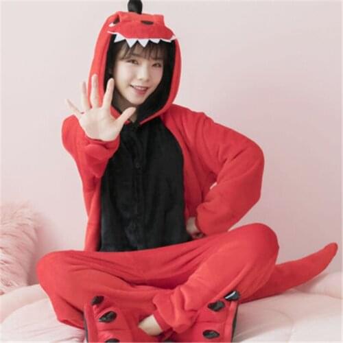 Flannel Kigurumi Dinosaur Onesies For Adults Hooded Long Sleeve Dinosaur Pajamas Overall Whole Onepiece Animal Pajamas