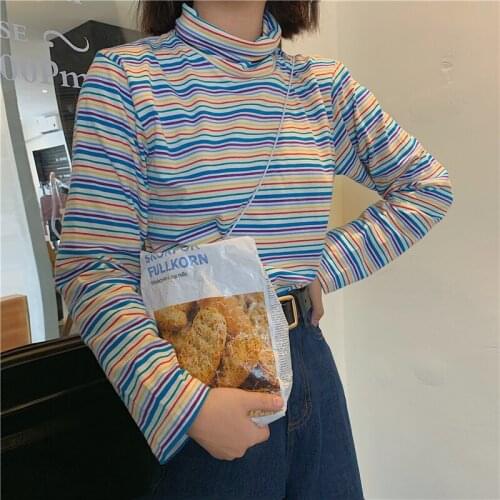 Womens T-shirts Tops Japanese Kawaii Ladies Ulzzang Bf Striped Long Sleeve T-shirt Female Korean Harajuku Clothes For Women