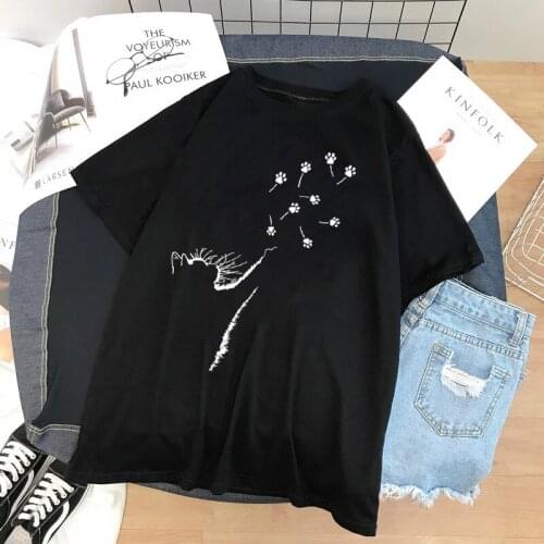 Seeyoushy Cat Dandelion Graphic Aesthetic T Shirts for Women Plus Size S-5xl Kawaii Cute Tops Harajuku Loose Neck Femme T-shirts