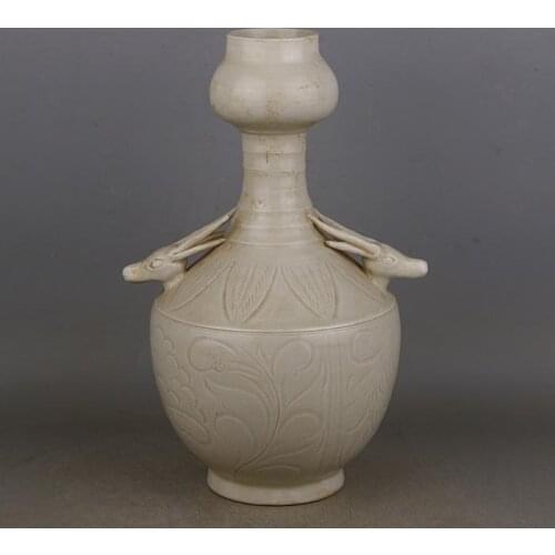 Song Dynasty Ding Kiln Hand-carved Deer Ear Vase,Hand-painted crafts,Decoration,Collection&Adornment,Free shipping