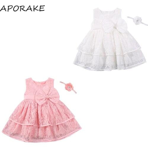 2021 0-2Y Summer Princess Baby Girls Sleeveless Dress Headband Bow Waist Sweet Style Flower Lace Tutu Dress For Birthday Party