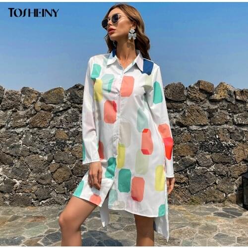 Tosheiny 2021 Summer Women Shirt Dress Sexy Vintage Collar Neck Split High Low Hem Geo Long Sleeve Elegant White Short Dresses
