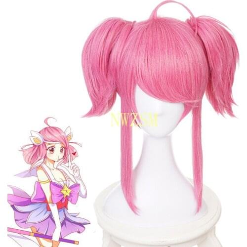 LOL Star Guardian Lux Cosplay Wigs Pink Double Ponytails Short Heat Resistant Synthetic Hair Wig pelucas