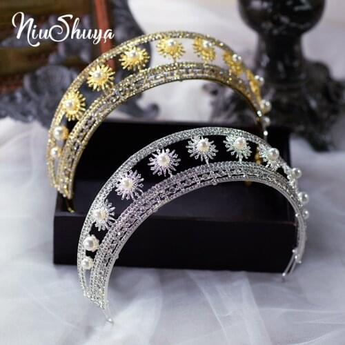 NiuShuya Fashion Pearl Crystal Headband Sun Flower Rhinestone Hair Tiaras Crowns For Wedding Head Accessories Women Ornament
