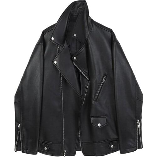 Motorcycle Leather Suit Womens New Spring 2021 Solid Notched PU Jacket Black Coat Z057