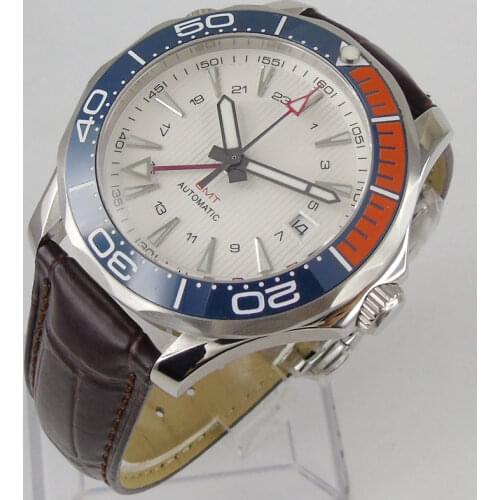41mm White Dial Leather Self Winding Mens Watch Automatic Ceramic Bezel GMT Mechanical Sapphire Glass Leather Strap Date Window