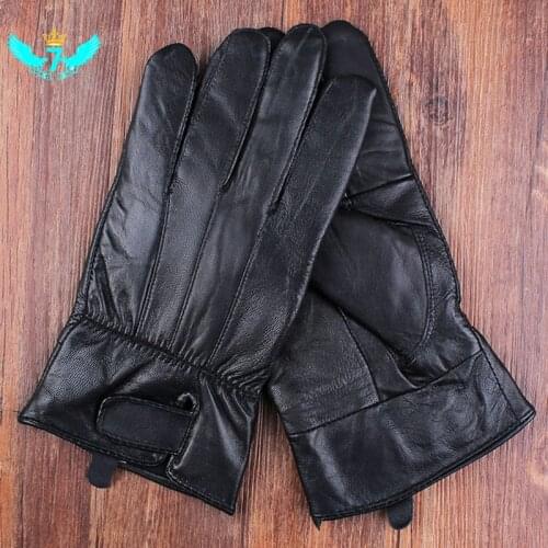 Men Mittens Real Leather Gloves New Genuine Leather Black Gloves Men Thick Cotton Winter Gloves Warm Mittens TOA