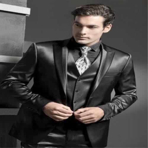 New Custom Mens Black Shiny Suit Jacket Pants Formal Dress Mens Suit Mens Wedding Grooms Dress (Jacket + Pants + Vest + Tie)