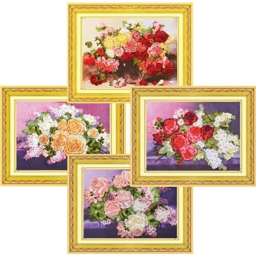 DIY Easy Ribbon Embroidery Sale for Beginner Needlework Cross Stitch Kit Handmade Sewing Wall Art Flowers Series Friend Gift