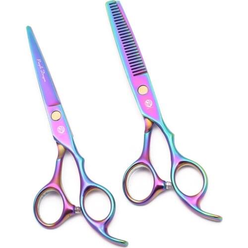 Hairdressing Scissors 5.5" 6.0" Hair Cutting Scissors Wooden Case Japan Steel Purple Dragon Brand Thinning Shears Z1005 Rainbow