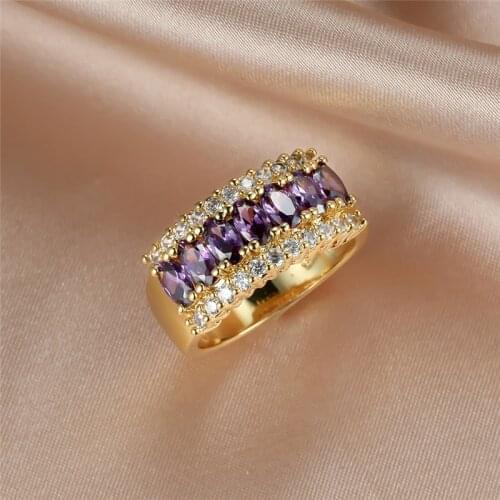 Single Row Purple Zircon Oval Stone Ring Vintage Fashion Yellow Gold Engagement Rings For Women Wedding Jewelry Female Accessory