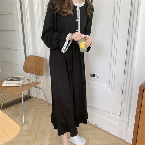 Autumn winter knitted nightgown women long sleeve black sleepwear long dress homewear korean chic loose soft vestidos night L496