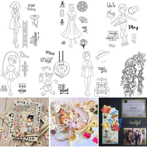 Clear Transparent Stamps Hairstyle Girl Kid Playing Theme Floral Fan Hello Friend Words for DIY Craft Scrapbooking 2021