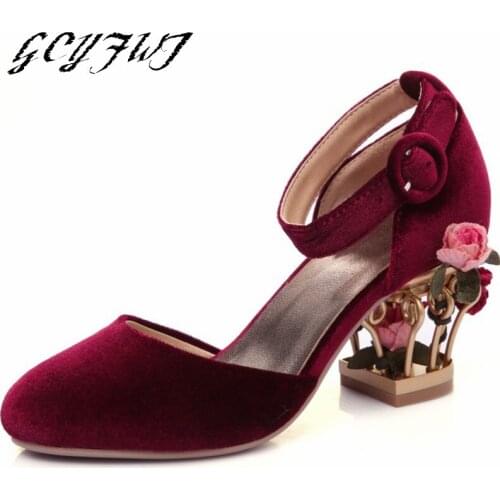 Women Sandals Summer Buckle Metal Birdcage High Heel Women Shoes Round Head Velvet Rhinestone Retro Flower Sweet Sandalias Mujer