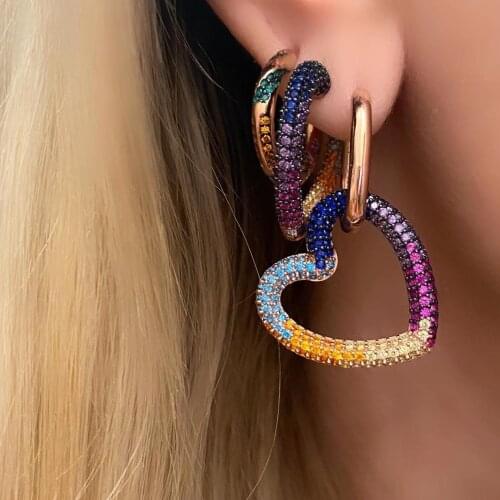 Rose Gold Color Iced Out Bling CZ Heart Hoop Earring Micro Pave Colorful Rainbow CZ Stacking Earrings Fashion Women Jewelry
