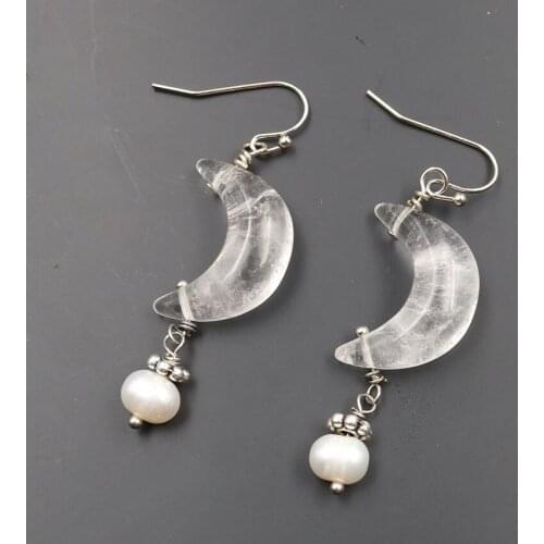 FYSL Silver Plated Crescent Moon Clear Quartz Drop Earrings for Women Tiger Eye Stone Classic Jewelry