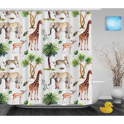 Wild Animals & Nature Theme Shower Curtain Giraffe Elephant Goat Bathroom Shower Curtains Watercolor Polyester Fabric With Hooks