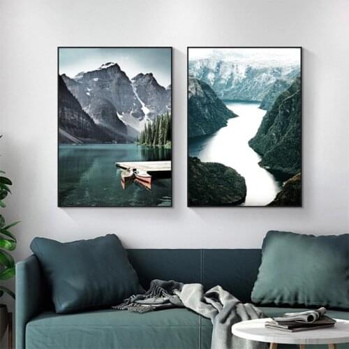 Scandinavian nature landscape wall art poster mountain lake boat print nordic decorative painting modern image home decor