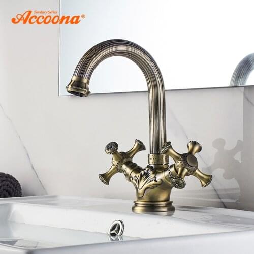 Accoona Antique Brass Basin Faucet Deck Mounted With Single Handle One Hot And Cold Water Carved Bathroom Faucets A94108C