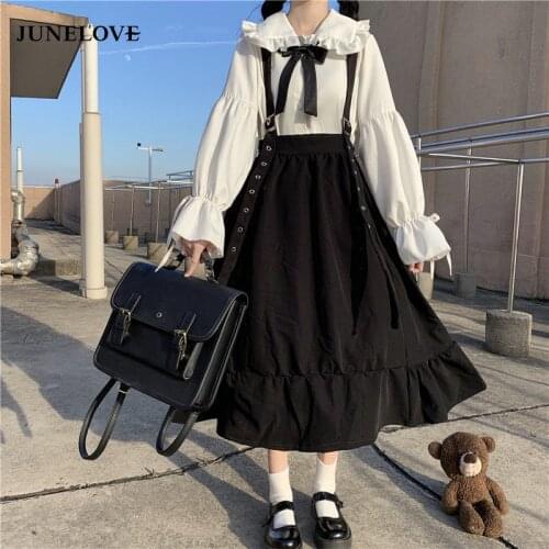 Japanese College High-Waist Show Thin Black Mid-Length Ruffled Student fairy dress tea party lolita dress sweet lolita doll