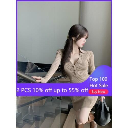 Knitted dress for women sexy slim autumn midi dresses v-neck long sleeve female clothes vestidos 11043