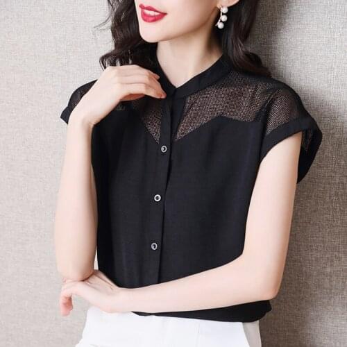 Blusas Mujer De Moda 2021 Vetement Femme Loose Hollow Chiffon Shirt Womens Tops Black Short Sleeve Spliced Solid Plus Size 0903