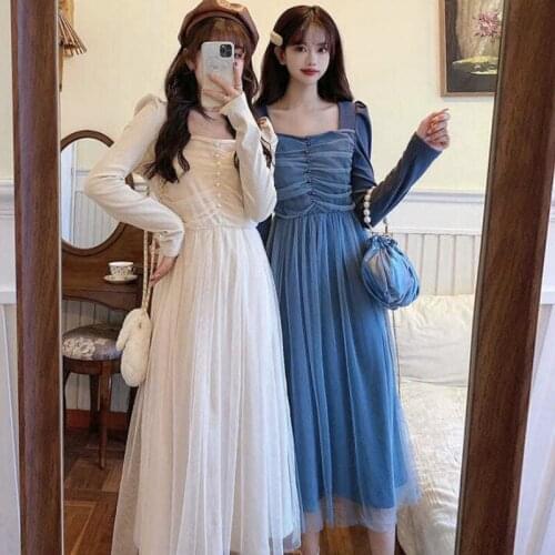 Long Sleeve Dresses Womens Mesh Square Collar High Waist A-line Design Korean Style Sweet Elegant Mid-calf Casual Vintage Chic