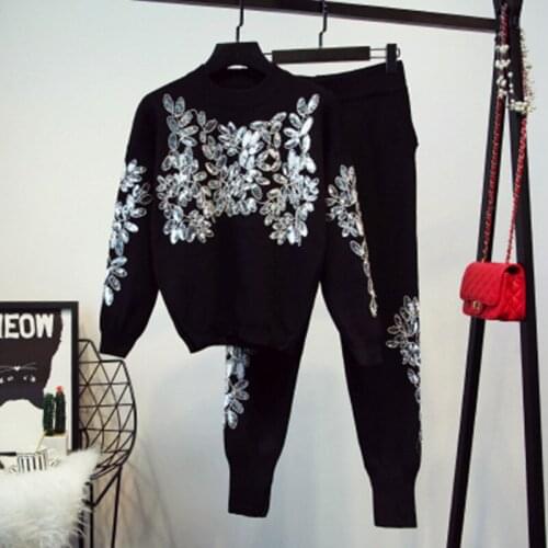 High Quality New 2019 Autumn winter Runway Suit Set Womens Handmade Sequined Floral Knitting Sweater Tops Casual Pants Suit Set