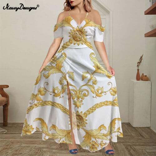 Noisydesigns Women Off Shoulder Maxi Boho Split Long Dress Ruffles Summer 2021 Evening Party White Color Golden Floral Vestido