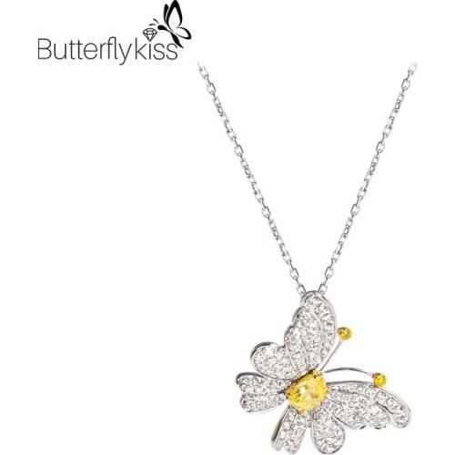 BK 18k White Gold Necklaces For Women Genuine Gold 585 Vs D Color Moissanite Yellow Gemstone Butterfly Elegant Lady Fine Jewelry