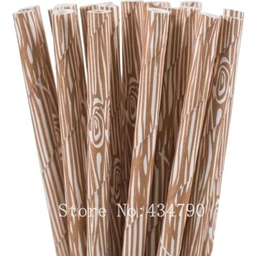 200pcs Woodgrain Paper Straws Bulk-Rustic Wood Grain Woodland Patterned Birthday Wedding Forest Camping Party Drinking Straws