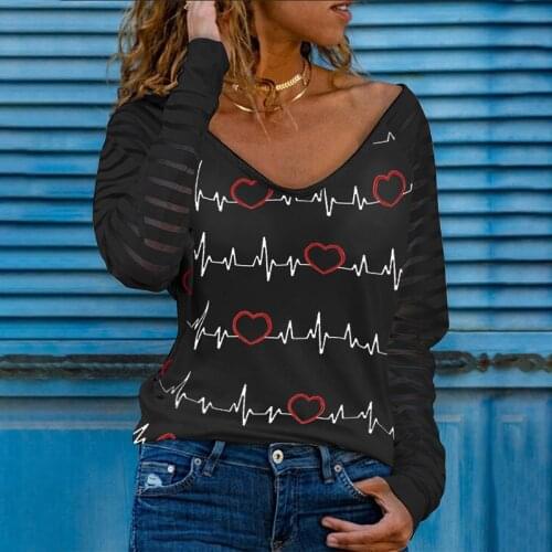 2021 Spring Womens Casual Heart Print Black Long Sleeve Sweatshirts Tops Mujer Cool T-Shirts Vintage Clothes Femme Chemises