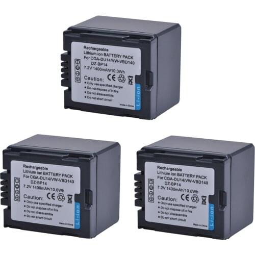 3pc 1400mAH CGA-DU14 VW-VBD140 DZ-BP14 CGA DU14 Li-ion Battery For Panasonic DU06 DU07 NV-GS10 VDR-M70/M50 NV-GS10 CGA-DU12