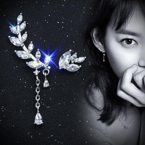 Asymmetry Jewelry 1pair 925 Sterling Silver Clear White CZ Crystals Tassel Branch Leaf Climber Ear Earrings GTLE625