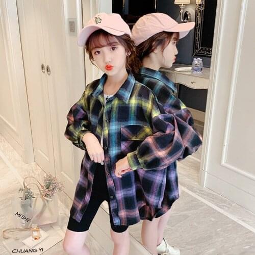 Spring Teen Girls Blouses Kids Turn Down Collar Cotton Shirt Teen Girls Long Sleeve Fashion Plaid Shirt Children Clothing 5-14 Y