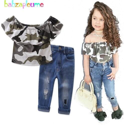 2-7Years/spring summer kids clothe baby girls costume fashion t-shirt+denim jeans toddler clothing children two piece set BC1491