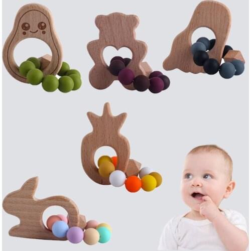 Baby Wooden Teether Silicone Bead Bracelet Baby Teething Toy Polar Bear Rabbit Teether Baby Toy Gift
